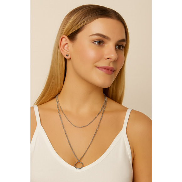 Carisma Layered Necklace Silver Circle Pendant & Stud Earrings Set Women Gifts - Picture 1 of 9